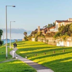 A picturesque countryside with beautiful houses by the seashore and a well-groomed lawn with a pathway